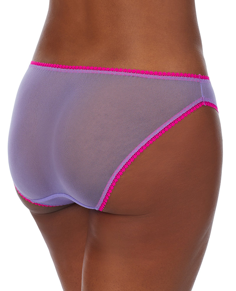 A lady wearing Aster Purple Gossamer Mesh Hip Bikini Underwear