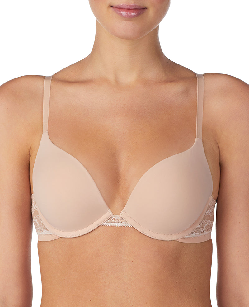 A lady wearing champagne sleek micro push up bra with lace.