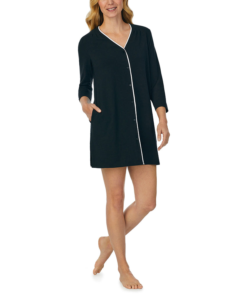 A lady wearing Black 3/4 Sleeve Contrast Trim Sleep Shirt 