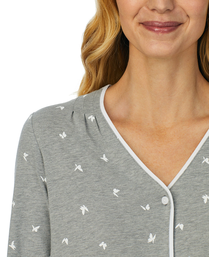 A lady wearing Heather Grey Butterfly 3/4 Sleeve Contrast Trim Sleep Shirt