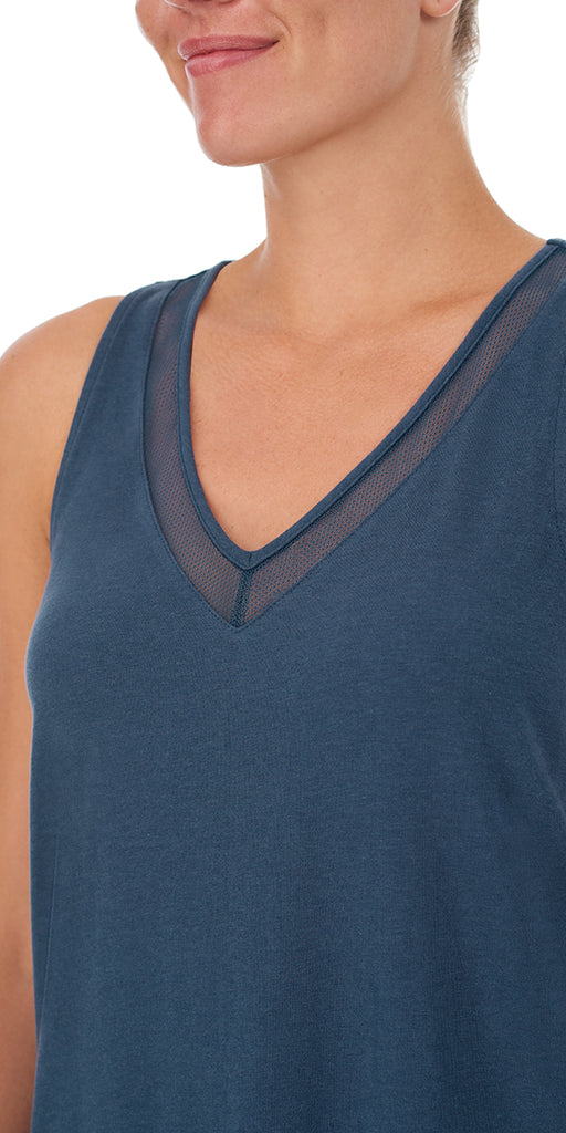 A lady wearing Slate Navy Mesh Trim Tank