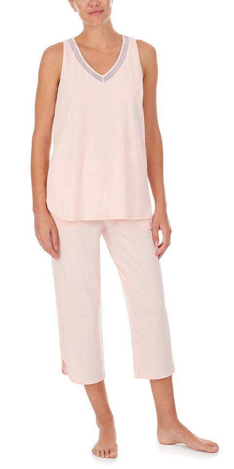 A lady wearing Blush Mesh Trim Tank 