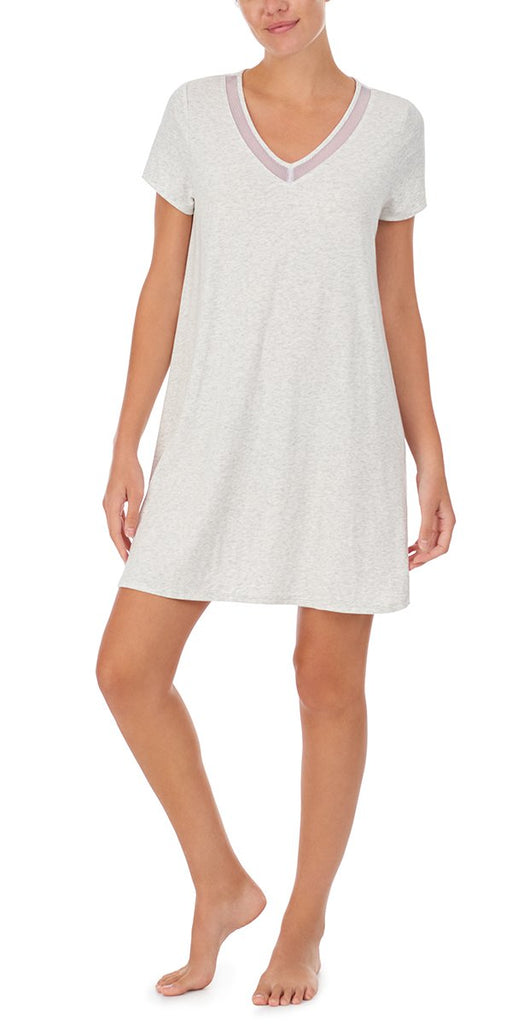 A lady wearing Heather Grey Mesh Trim Sleep Tee