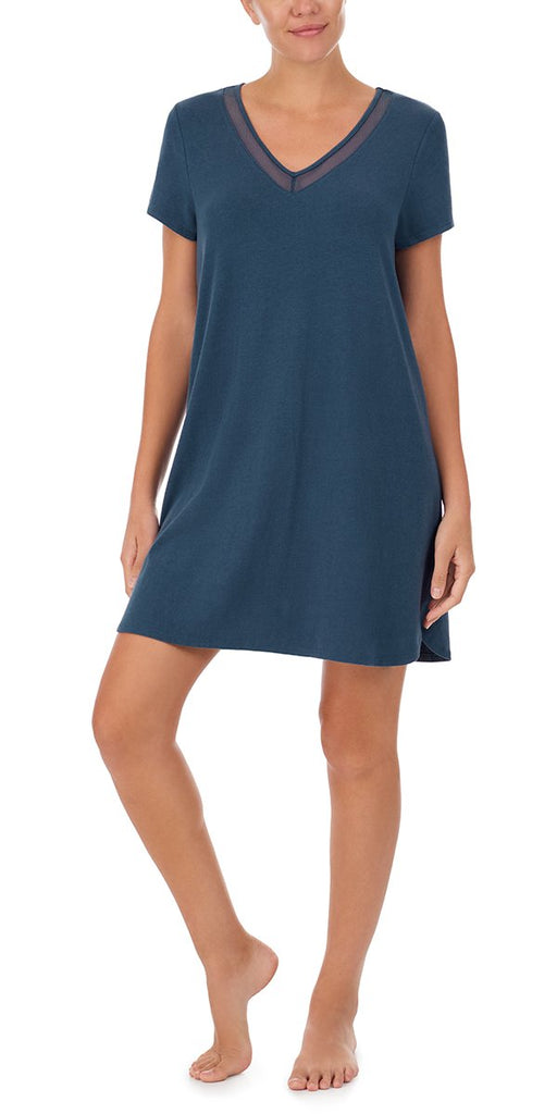 A lady wearing Slate Navy Mesh Trim Sleep Tee