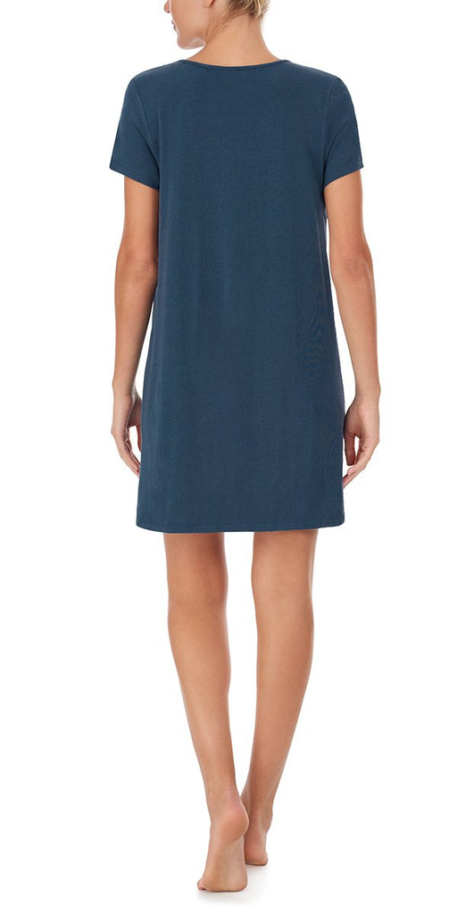 A lady wearing Slate Navy Mesh Trim Sleep Tee