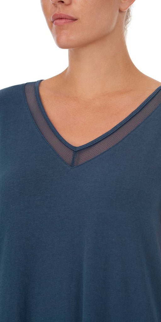A lady wearing Slate Navy Mesh Trim Sleep Tee