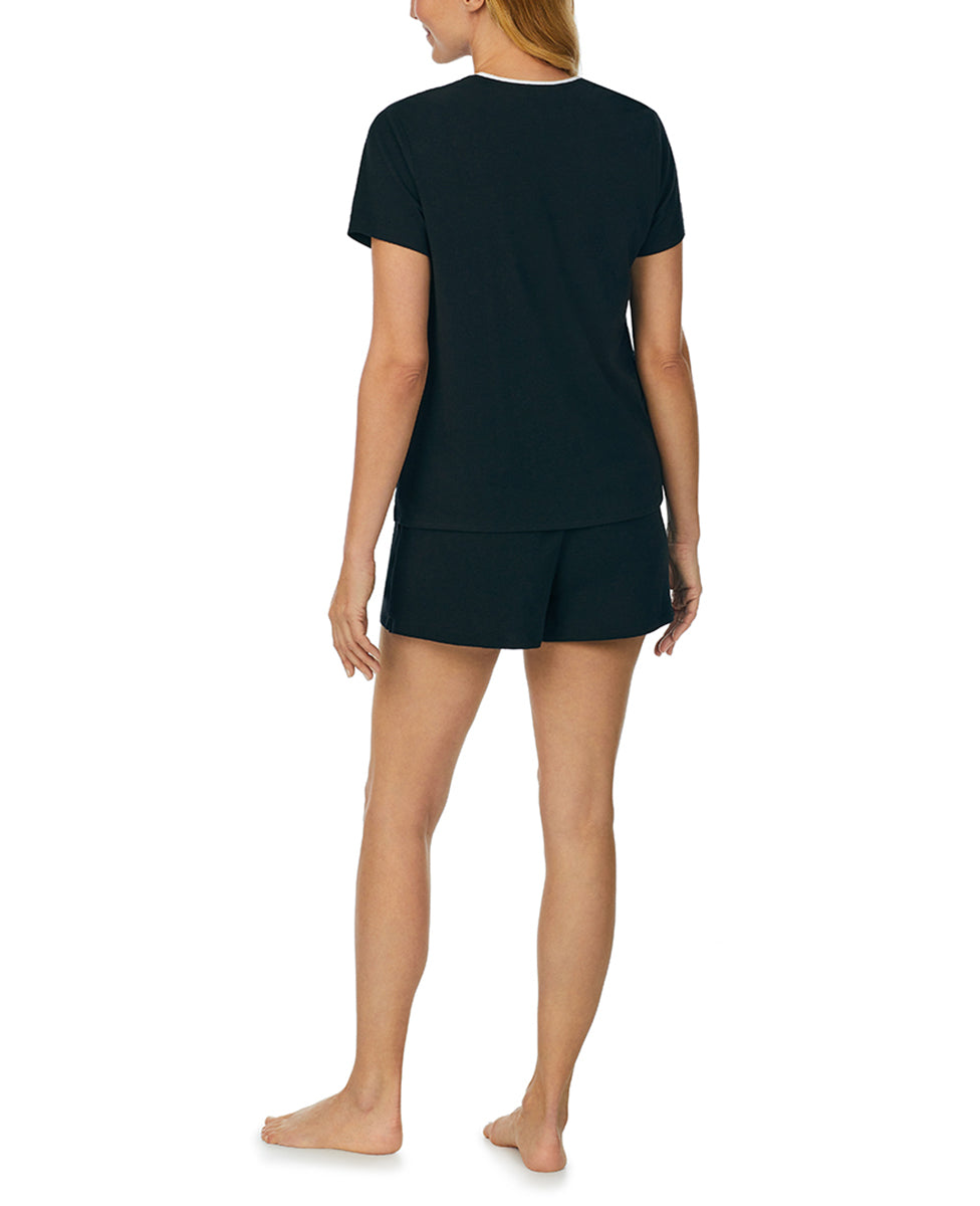 A lady wearing Black Short Sleeveboxer Contrast Trim Pajama Set